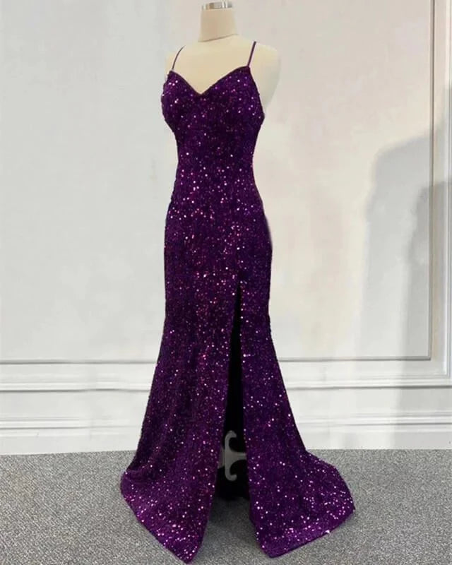 Glamorous Mermaid V-Neck Spaghetti-Strap Crisscross-Lace-Up-Back Sequin-Slit Trained-Hem Floor-Length Prom Dress