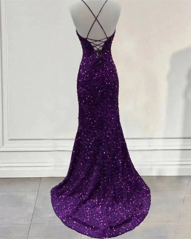 Glamorous Mermaid V-Neck Spaghetti-Strap Crisscross-Lace-Up-Back Sequin-Slit Trained-Hem Floor-Length Prom Dress