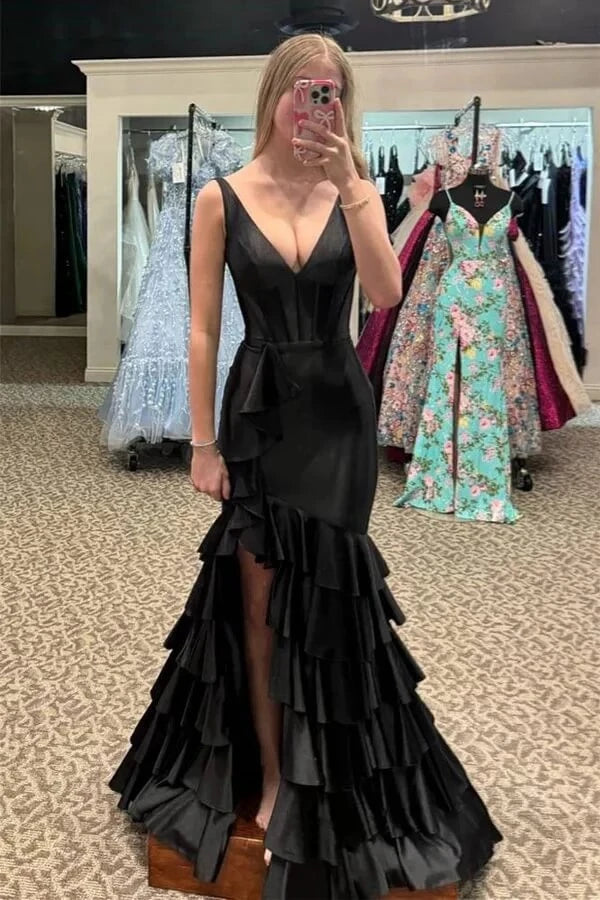 Glamorous Mermaid V-Neck Spaghetti-Strap Lace-Up Back Tiered Ruffle Satin High-Slit Prom Dress