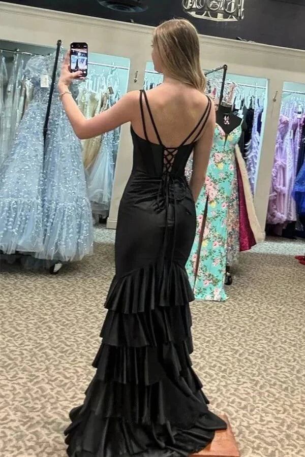Glamorous Mermaid V-Neck Spaghetti-Strap Lace-Up Back Tiered Ruffle Satin High-Slit Prom Dress