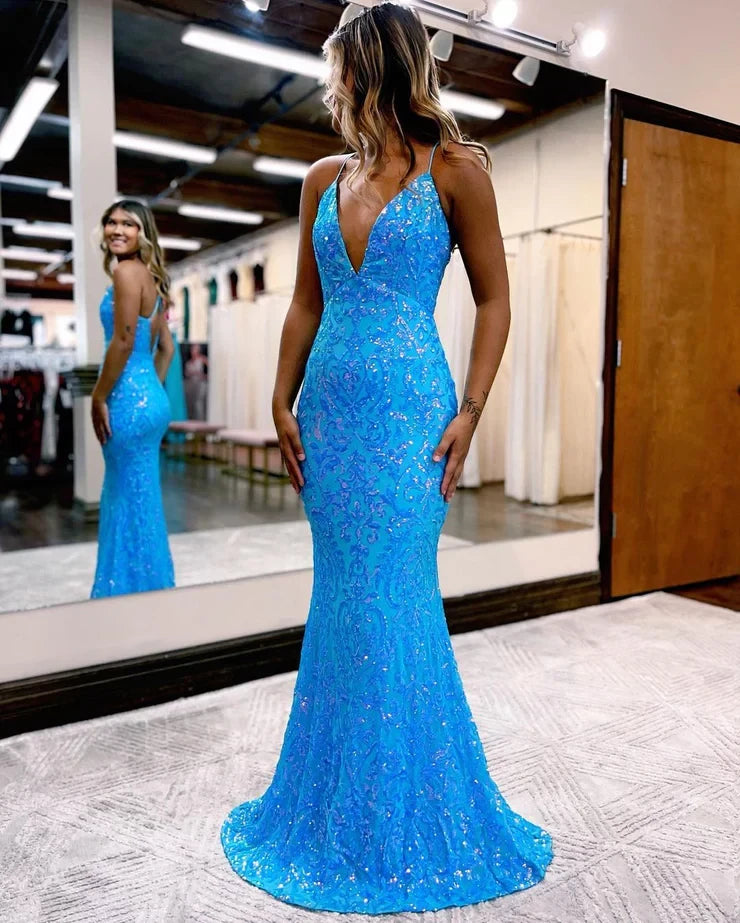 Glamorous Mermaid V Neck Spaghetti Strap Open Back Floor Length Evening Dress