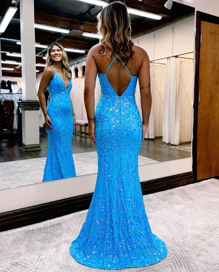 Glamorous Mermaid V Neck Spaghetti Strap Open Back Floor Length Evening Dress