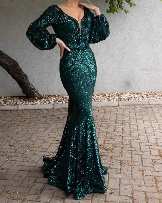 Glamorous Mermaid V-neck Puff Long Sleeve Belted Open Back Floor Length Prom Dress