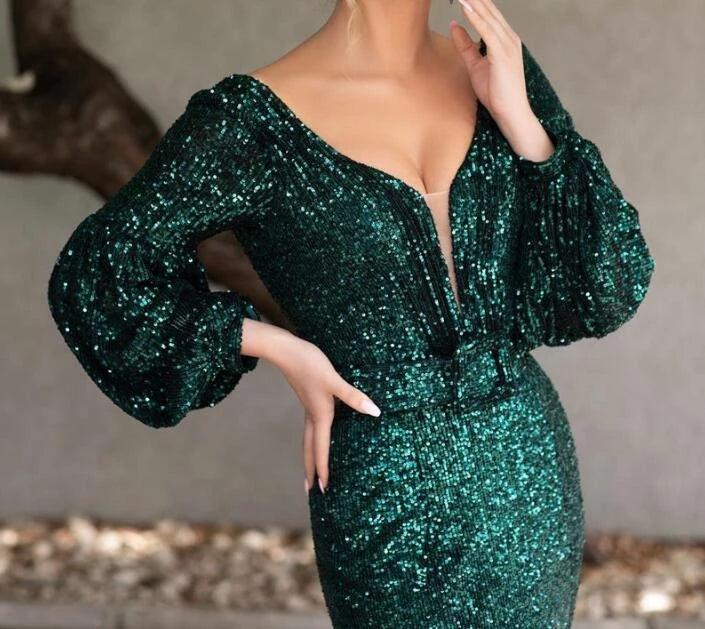 Glamorous Mermaid V-neck Puff Long Sleeve Belted Open Back Floor Length Prom Dress