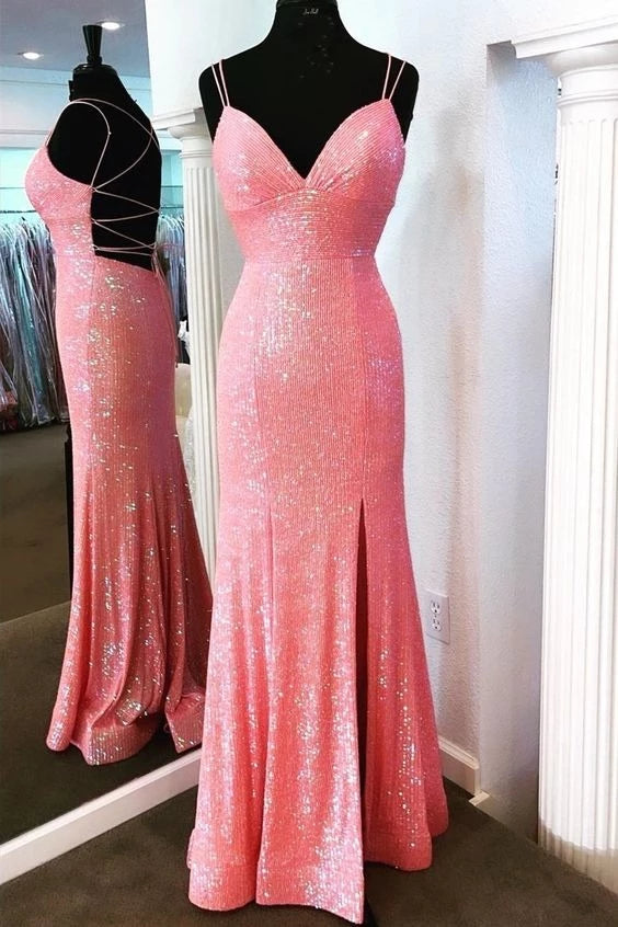 Glamorous Mermaid V-neck Spaghetti Strap Lace Up Back High Slit Floor Length Prom Dress