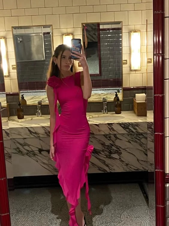 Glamorous Sheath Asymmetric-Neck Sleeveless Ruffled-High-Slit Midi-Length Evening Dress