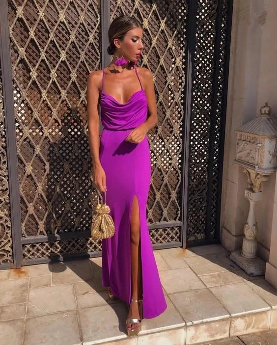 Glamorous Sheath Cowl-Neck Halter-Strap Crisscross-Back Slit-Detail Floor-Length Prom Dress
