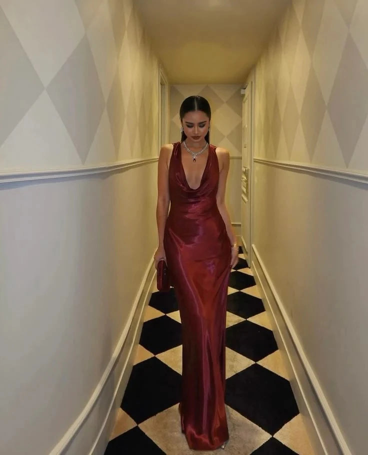 Glamorous Sheath Cowl Neck Sleeveless Open Back Satin Maxi Evening Dress