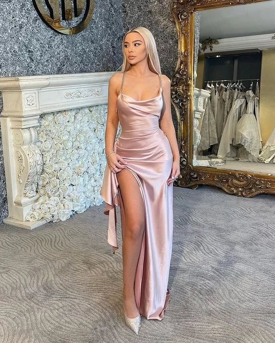 Glamorous Sheath Cowl Neck Spaghetti Strap Sleeveless High Slit Floor Length Prom Dress