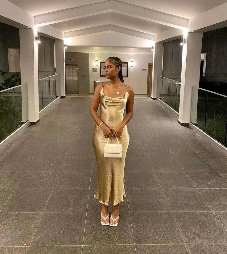 Glamorous Sheath Cowl-Neck Spaghetti-Strap Sleeveless Midi-Length Evening Dress