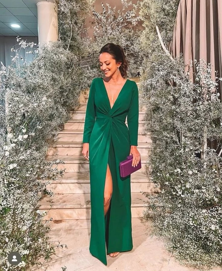 Glamorous Sheath Deep-V-Neck Long-Sleeve Zipper-Back Twist-Waist Slit-Detail Floor-Length Prom Dress