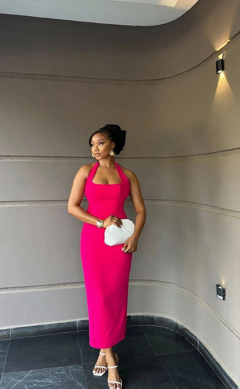 Glamorous Sheath Halter Sleeveless Square-Neck Midi-Length Evening Dress