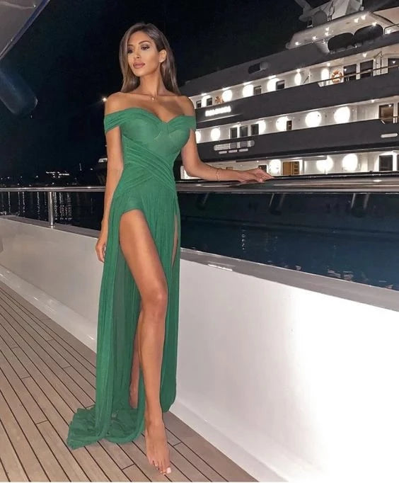 Glamorous Sheath Off-The-Shoulder Neck Short Sleeve Open Back High Slit Floor-Length Evening Dress