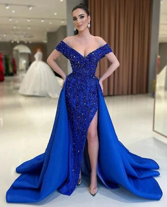 Glamorous Sheath Off-The-Shoulder Short-Sleeve Open Back Beaded Overskirt Train Evening Dress