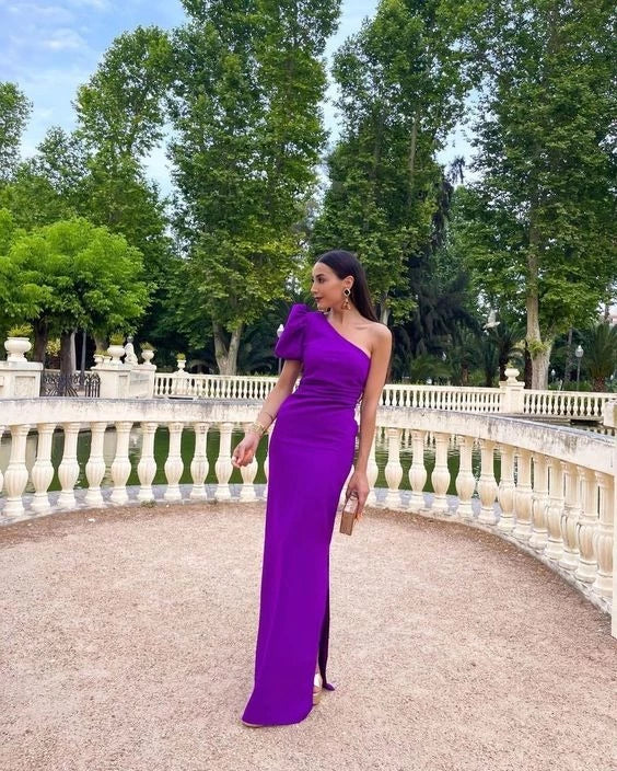Glamorous Sheath One-Shoulder Puff-Sleeve Ruched-Waist Slit-Detail Floor-Length Prom Dress