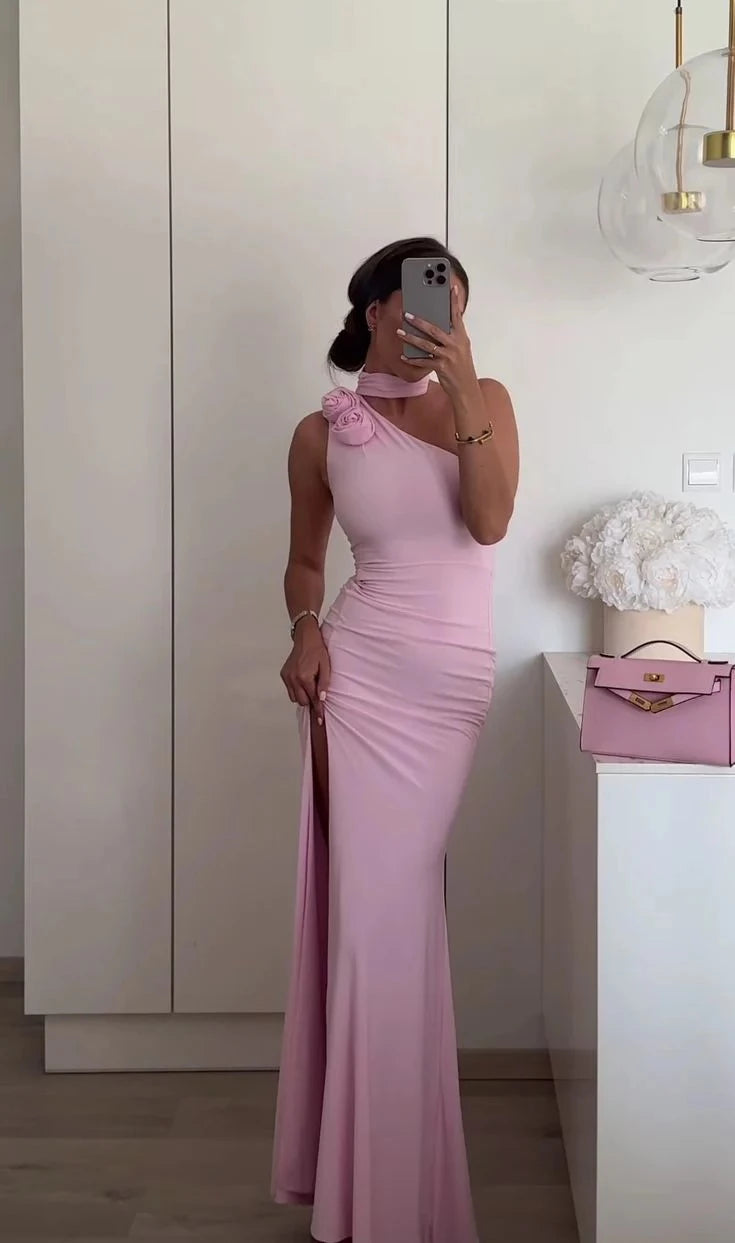Glamorous Sheath One-Shoulder Sleeveless Flower-Detail High-Slit Floor-Length Evening Dress