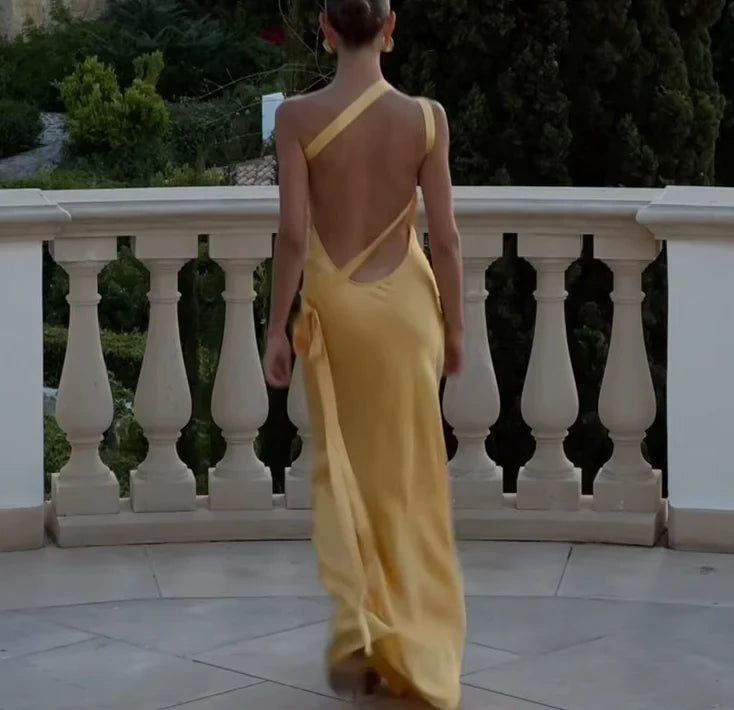 Glamorous Sheath One-Shoulder Sleeveless Open-Back Tie-Detail Floor-Length Evening Dress