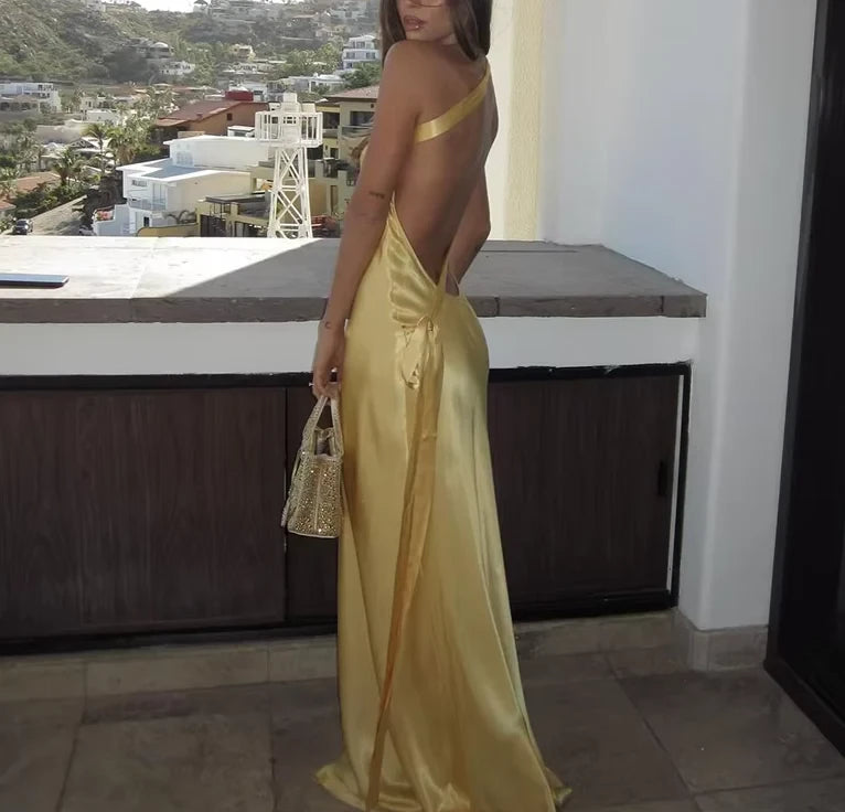 Glamorous Sheath One-Shoulder Sleeveless Open-Back Tie-Detail Floor-Length Evening Dress