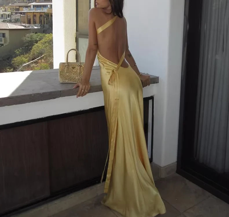 Glamorous Sheath One-Shoulder Sleeveless Open-Back Tie-Detail Floor-Length Evening Dress