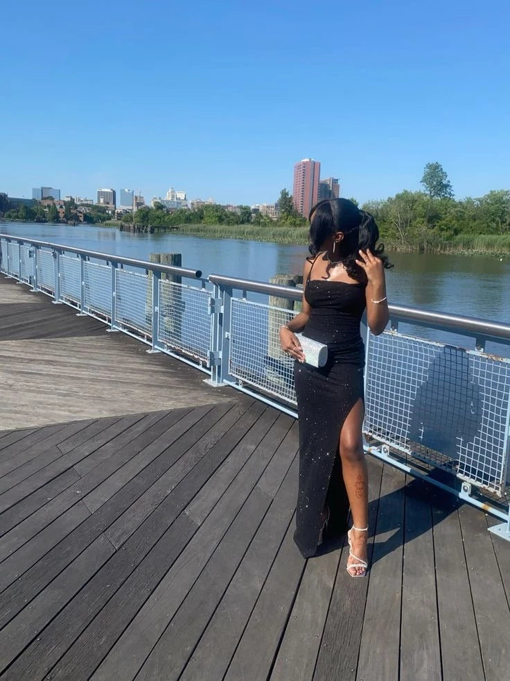 Glamorous Sheath Spaghetti-Strap Sleeveless High-Slit Floor-Length Evening Dress