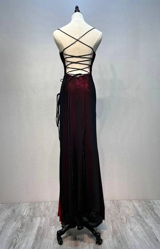 Glamorous Sheath Spaghetti-Strap Sleeveless Lace-Up-Back High-Slit Maxi-Length Evening Dress