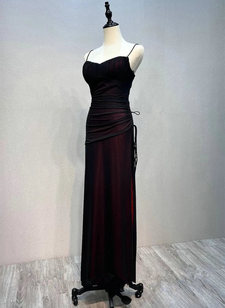 Glamorous Sheath Spaghetti-Strap Sleeveless Lace-Up-Back High-Slit Maxi-Length Evening Dress