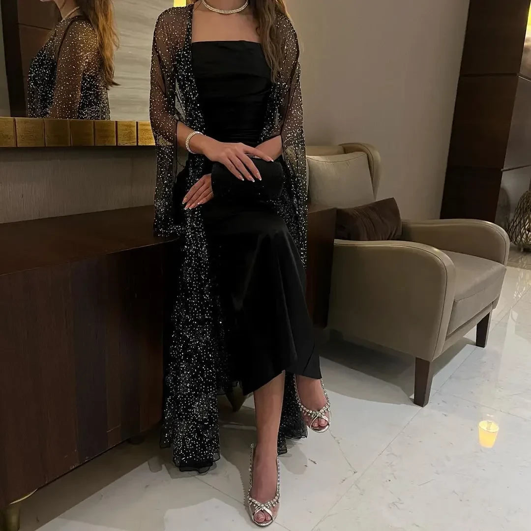 Glamorous Sheath Square-Neck Cape-Sleeve Zipper-Back Sequin-Detail Midi-Length Prom Dress