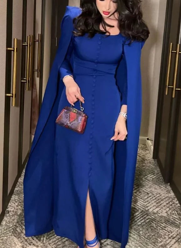 Glamorous Sheath Square Neck Long Sleeve Cape Overlay High Slit Floor Length Prom Dress