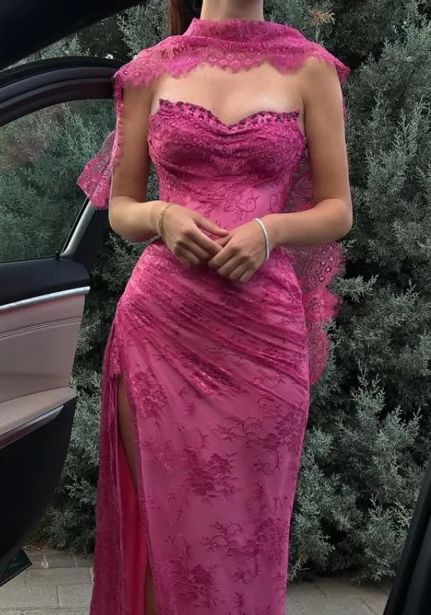 Glamorous Sheath Strapless Sleeveless Open Back Beaded Lace Evening Dress with Shawl