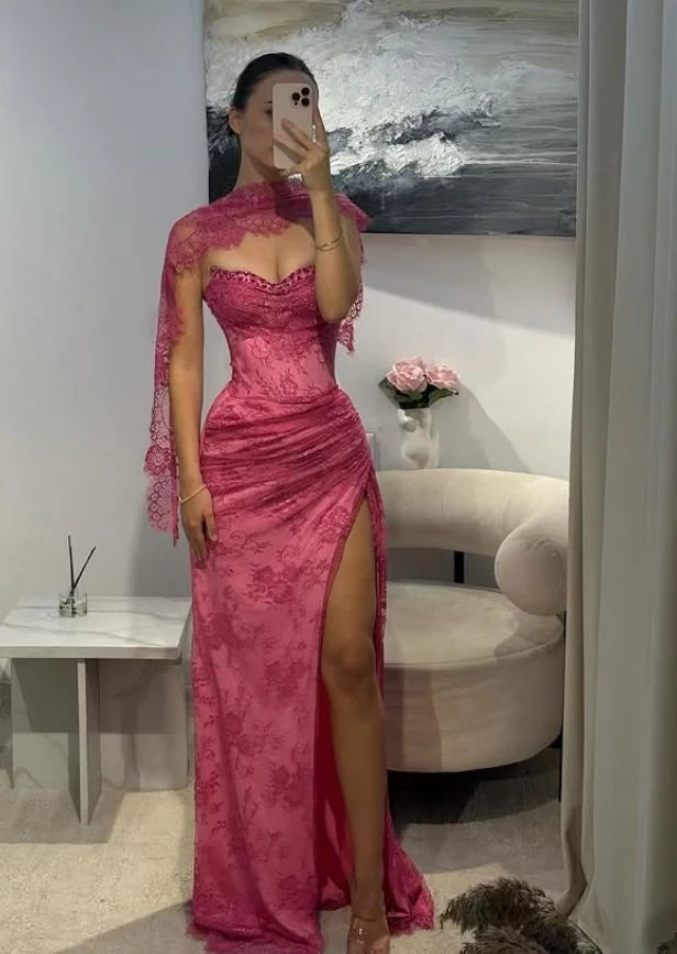 Glamorous Sheath Strapless Sleeveless Open Back Beaded Lace Evening Dress with Shawl