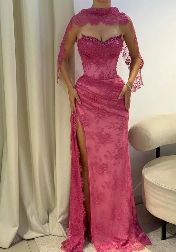 Glamorous Sheath Strapless Sleeveless Open Back Beaded Lace Evening Dress with Shawl