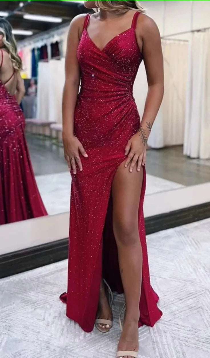 Glamorous Sheath V-Neck Spaghetti-Strap Crisscross-Back Sequin-Detail Slit-Detail Floor-Length Prom Dress
