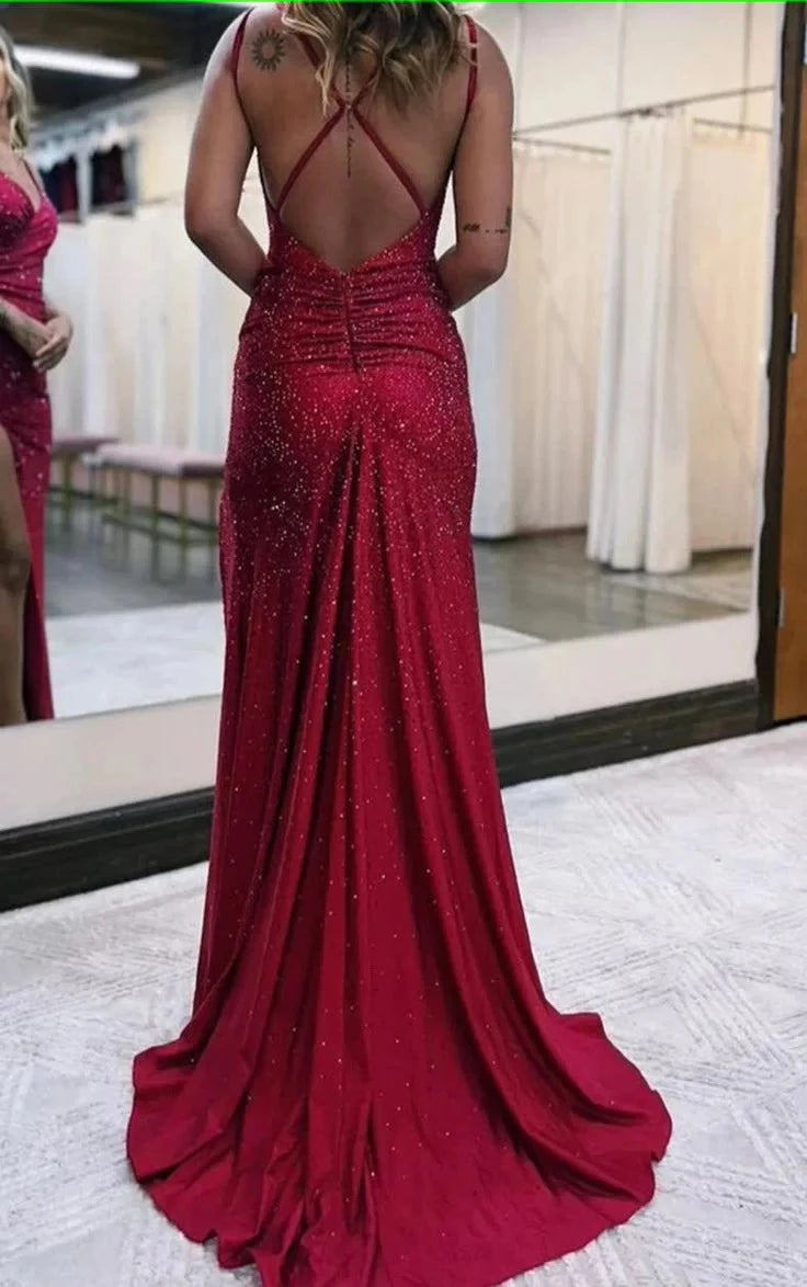 Glamorous Sheath V-Neck Spaghetti-Strap Crisscross-Back Sequin-Detail Slit-Detail Floor-Length Prom Dress