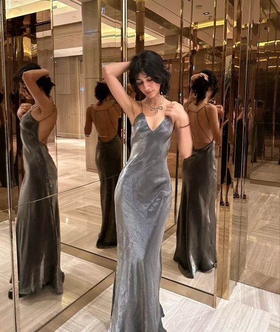 Glamorous Sheath V-Neck Spaghetti-Strap Open-Back Metallic-Satin Floor-Length Prom Dress