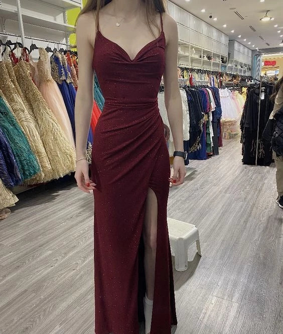 Glamorous Sheath V-Neck Spaghetti-Strap Zipper-Back Ruched-Waist Glitter-Slit Floor-Length Prom Dress