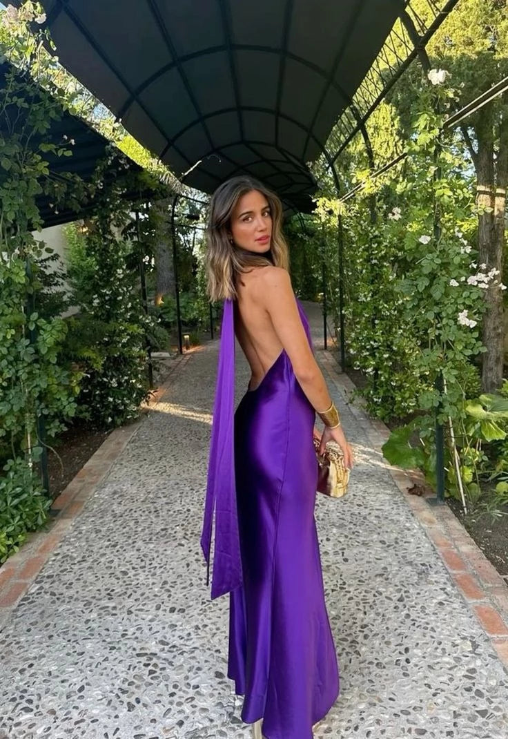 Glamorous Sheath Halter Sleeveless Open-Back Split-Floor-Length Evening Dress