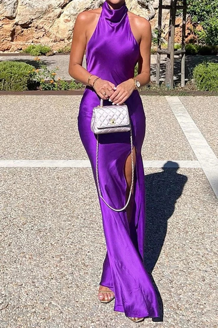 Glamorous Sheath Halter Sleeveless Open-Back Split-Floor-Length Evening Dress
