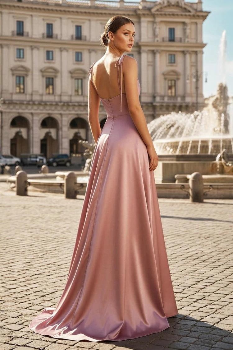 Glamorous A-Line Cowl Neck Sleeveless Draped Flowing Dusty Rose Floor-Length Prom Dress