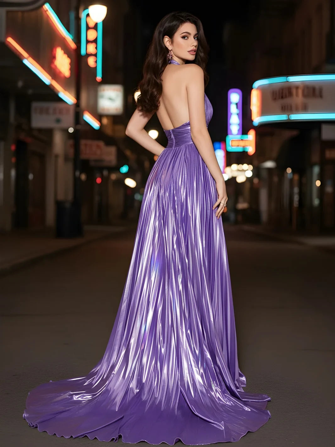 Glamorous A-Line Halter Sleeveless Shimmering Pleated Purple Floor-Length Prom Dress Gown