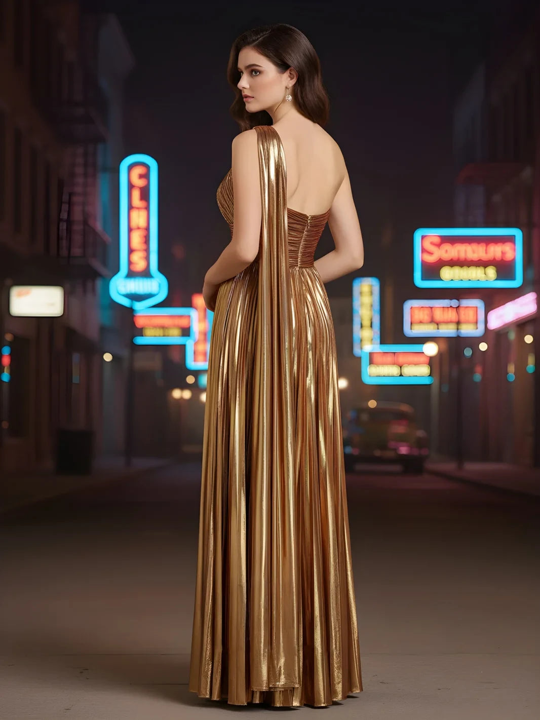 Glamorous A-Line One-Shoulder Pleated Metallic Gold Floor-Length Prom Gown