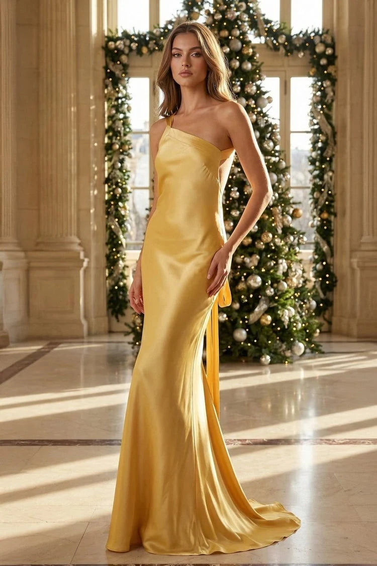 Glamorous A-Line One-Shoulder Sleeveless Backless Golden Yellow Floor-Length Prom Gown