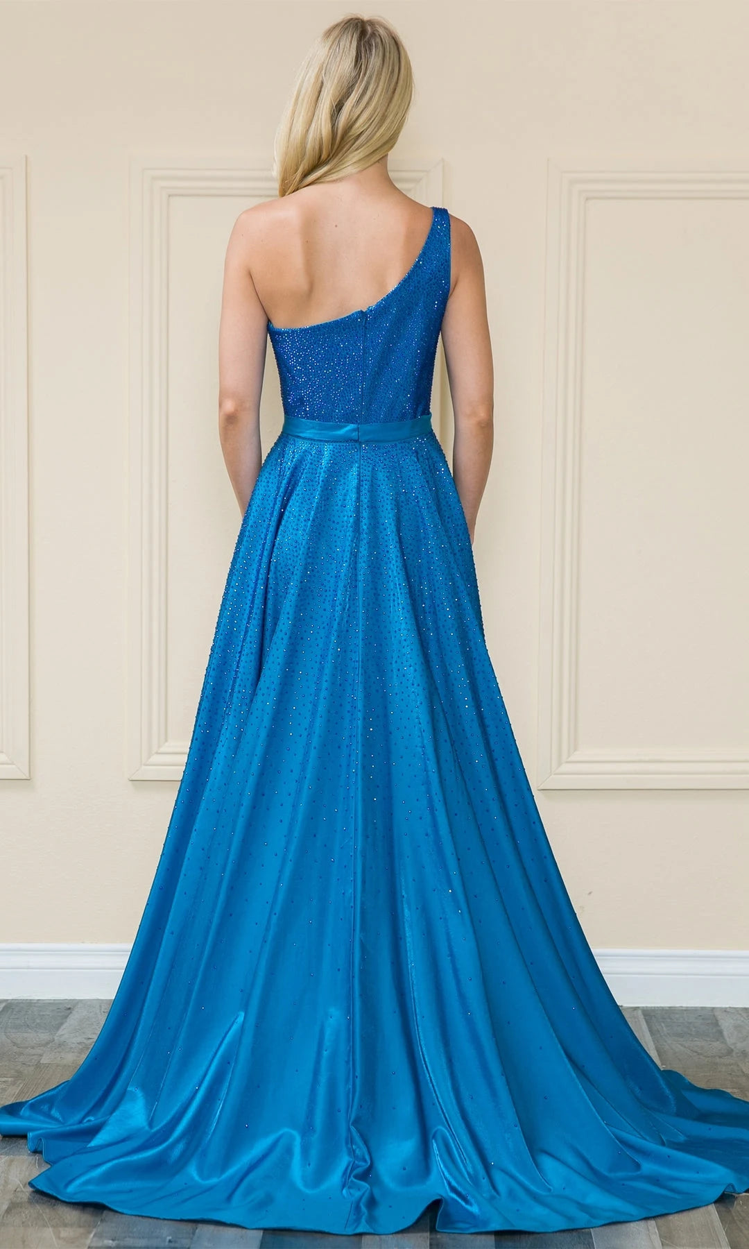 Glamorous A-Line One-Shoulder Sleeveless Beaded Slit Blue Long Prom Dresses Gown