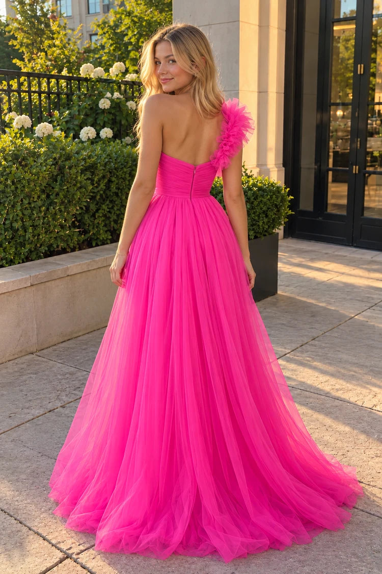 Glamorous A-Line One-Shoulder Sleeveless Ruffled Slit Fuchsia Floor-Length Prom Dresses Women's Gown
