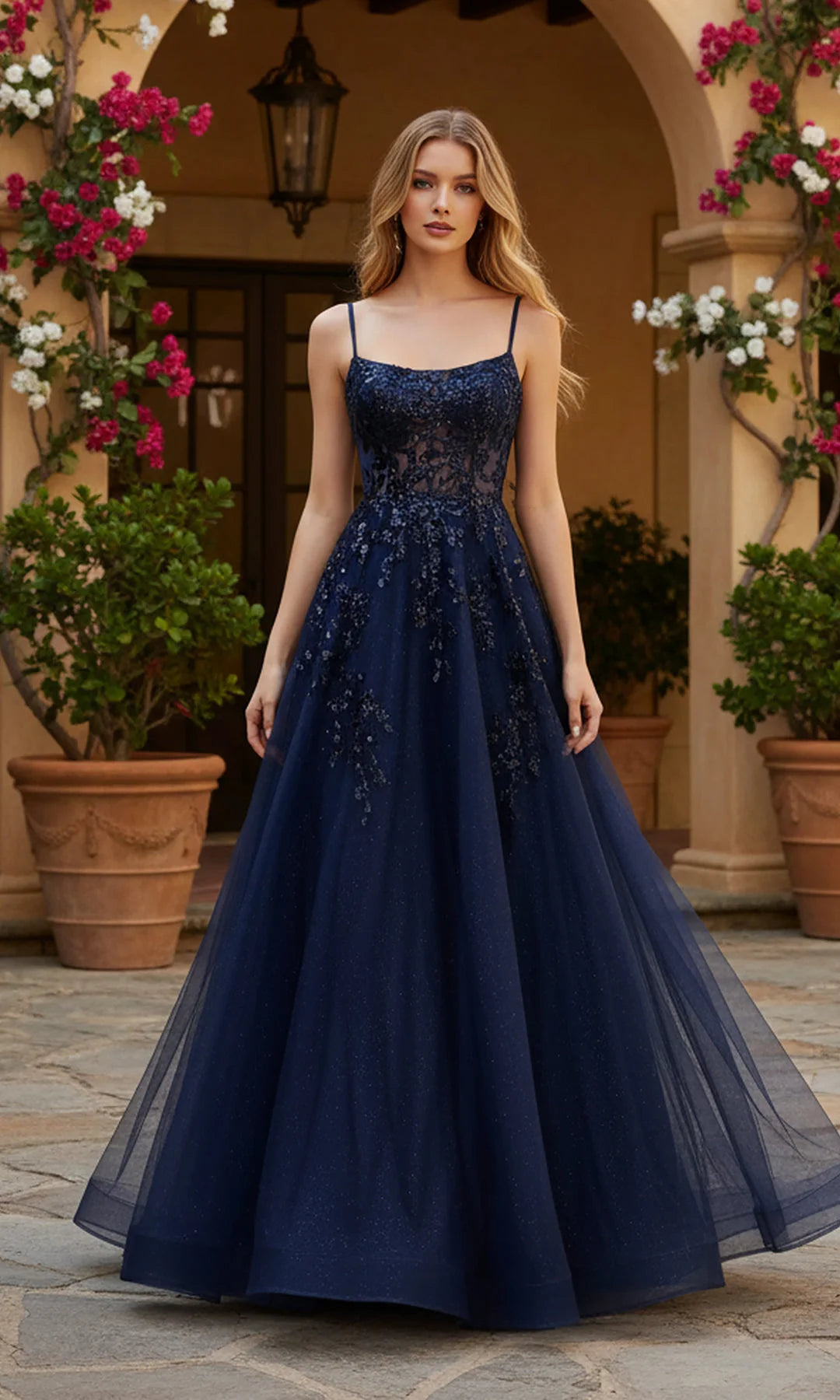 Glamorous A-Line Scoop Sleeveless Sequin Corset Navy Long Prom Dresses Women