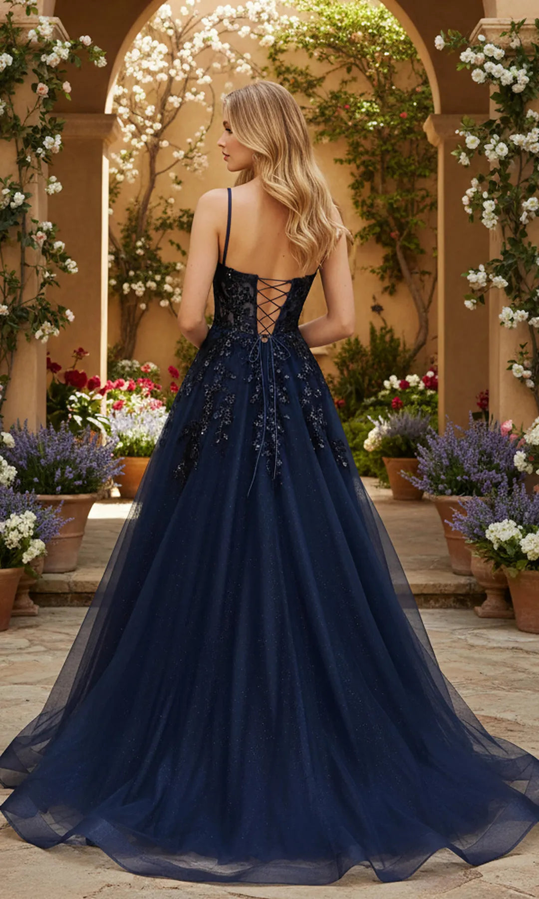 Glamorous A-Line Scoop Sleeveless Sequin Corset Navy Long Prom Dresses Women
