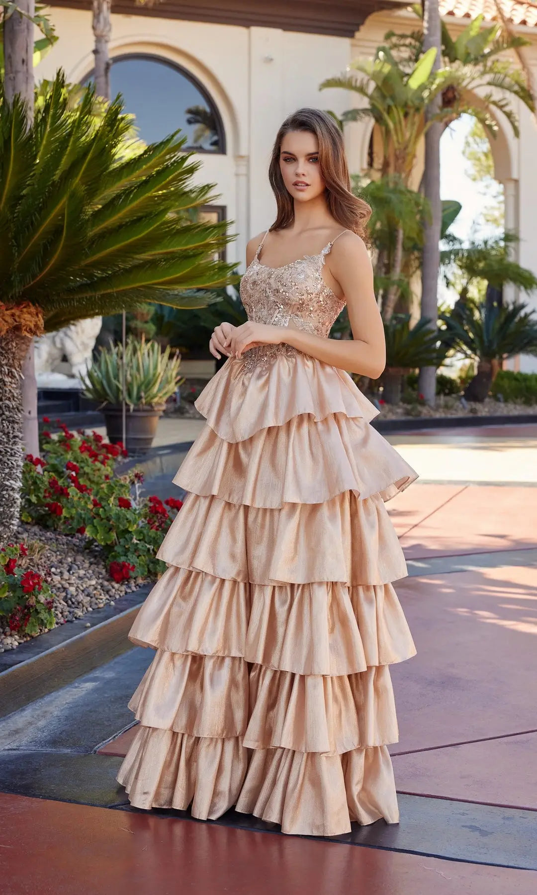 Glamorous A-Line Scoop Sleeveless Tiered Corset Champagne Maxi Prom Dresses Gown