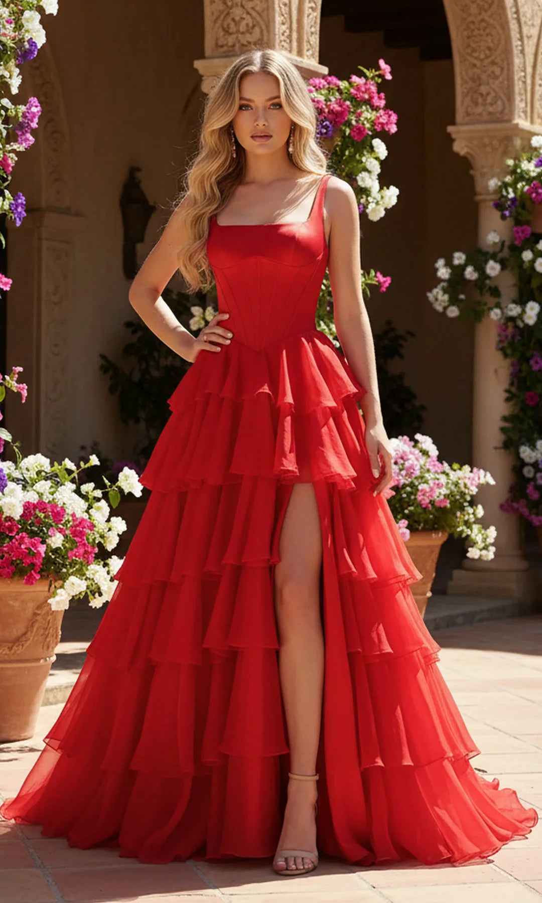 Glamorous A-Line Square Neck Sleeveless Tiered Slit Red Floor-Length Prom Gown