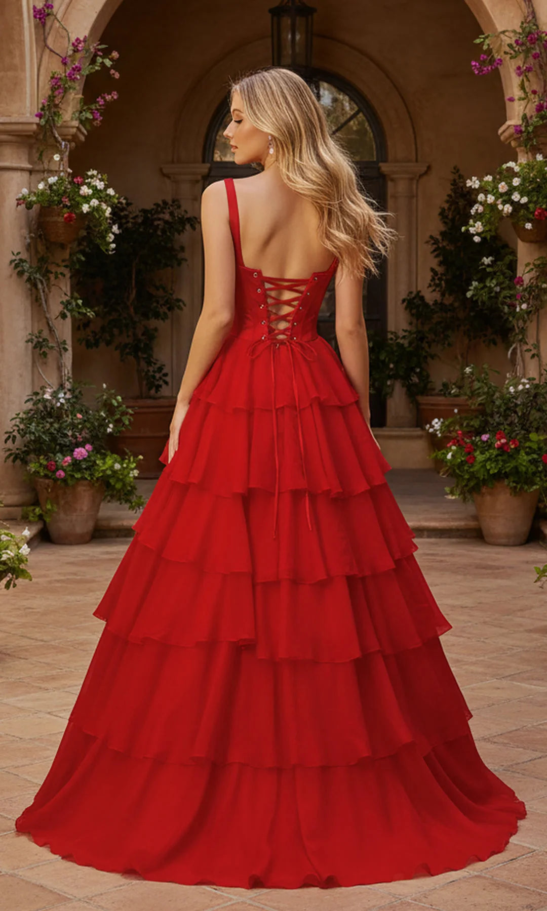 Glamorous A-Line Square Neck Sleeveless Tiered Slit Red Floor-Length Prom Gown
