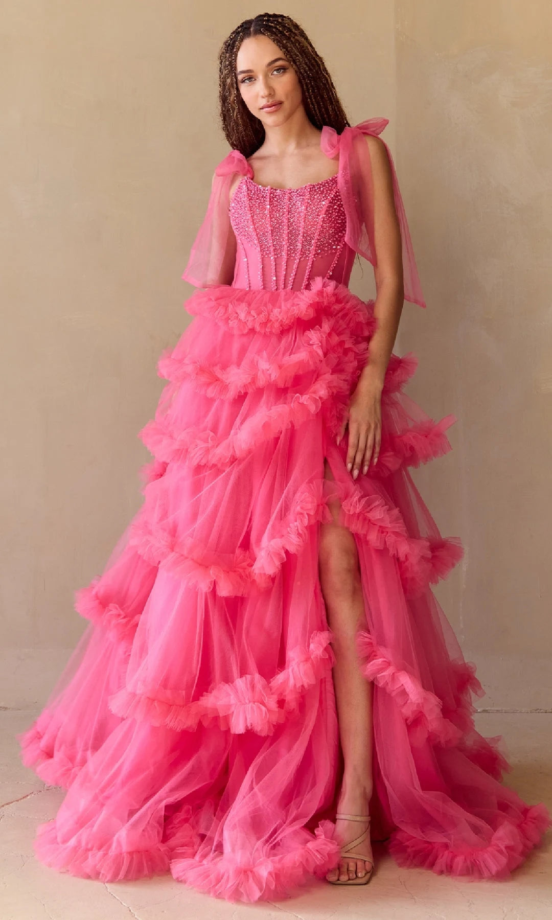 Glamorous A-Line Square Sleeveless Beaded Tiered Pink Prom Dresses Women Gown