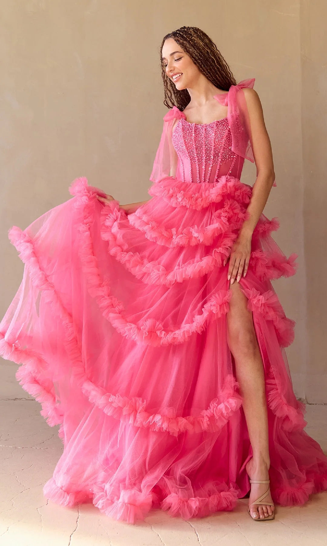 Glamorous A-Line Square Sleeveless Beaded Tiered Pink Prom Dresses Women Gown